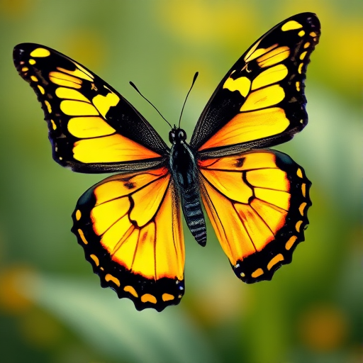 Generate a colorful and detailed illustration of a butterfly with vibrant black and yellow wings, captured with a DSLR camera at f/2.8, ISO 100, 50mm lens, macro view, soft focus background to enhance the butterfly's features and colors.