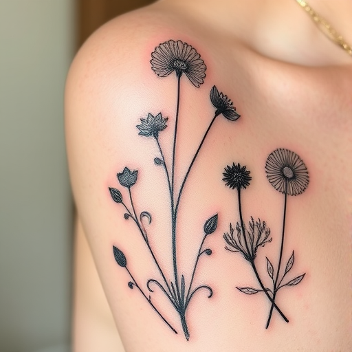 Fine line tattoo titled "Botanical Studies" featuring highly detailed scientific illustrations of various plant species with delicate linework and subtle shading reminiscent of vintage botanical drawings