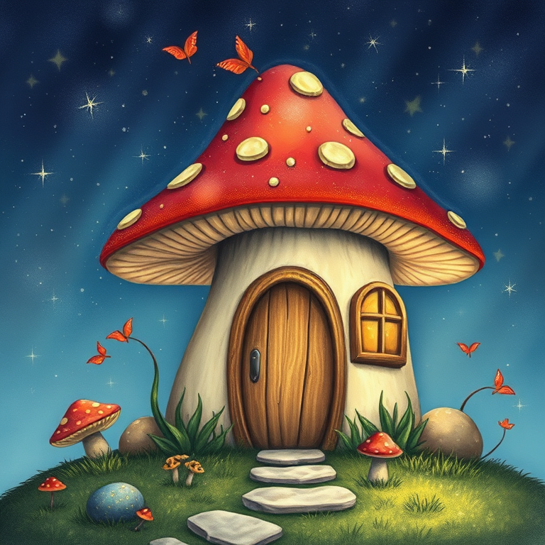 this photo is illustration of a mushroom house with a door and a window, a storybook , fantasy art, mushroom house, bg starry sky, sparkles