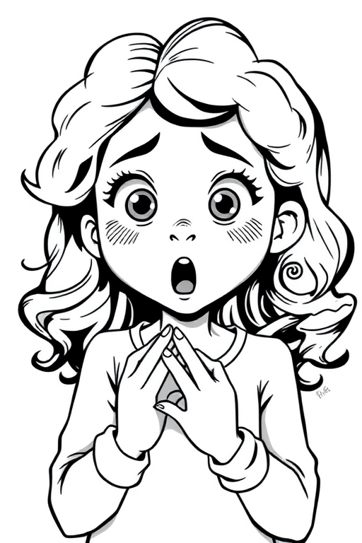 The image is a black and white illustration of a young girl with curly hair. She has a surprised expression on her face with her mouth open and her hands clasped together in front of her chest. Her eyes are wide and her eyebrows are furrowed. Her hair is styled in loose curls that are cascading down her back. The overall mood of the image is one of shock or surprise.