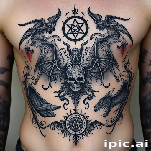 Mystical blackwork tattoo named "Shadowrealm Chronicles" featuring intricate illustrations of mythical creatures and arcane symbols, creating a dark and mysterious narrative piece on the ribcage