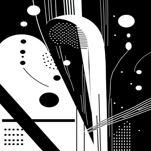 create an abstract black and white illustration featuring various geometric shapes, lines, and patterns arranged dynamically across the canvas