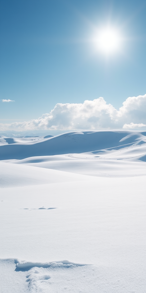 Create a serene winter landscape with rolling snow-covered hills, soft blue tones, fluffy white clouds, and a bright sun in a clear sky, captured with a DSLR camera, 18mm lens, f/11 aperture, and ISO 100 for enhanced sharpness and depth.