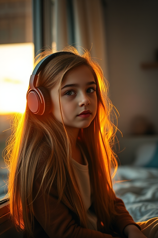 A young girl with long hair wearing headphones, sitting by a window during sunset, soft warm lighting, Canon EOS R5, 50mm lens, f/1.8, ISO 100, wide aperture for depth of field, cozy bedroom atmosphere, vibrant colors.