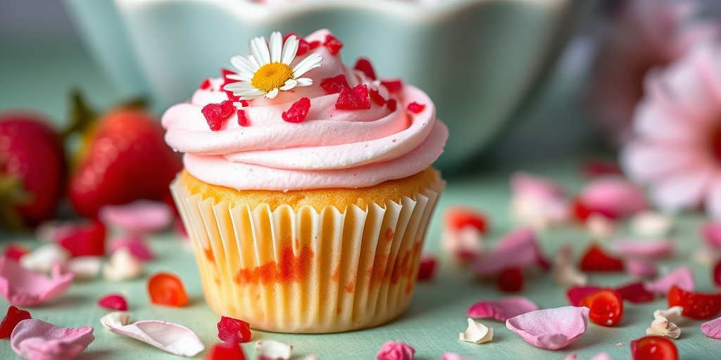 A close-up of a delicious cupcake with pink frosting topped with a small daisy and crushed strawberry pieces surrounded by scattered flower petals on a green surface with a blurred bowl in the background.