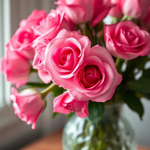 A vibrant bouquet of pink roses in a decorative glass vase, soft lighting, shallow depth of field, 50mm lens, f/1.8 aperture, ISO 100, natural light, macro photography style, taken with a DSLR camera.