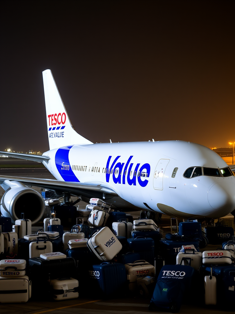A Tesco Value Airbus at a busy Heathrow terminal, lots of white and blue Tesco value logo branded luggage is discarded around the plane, night