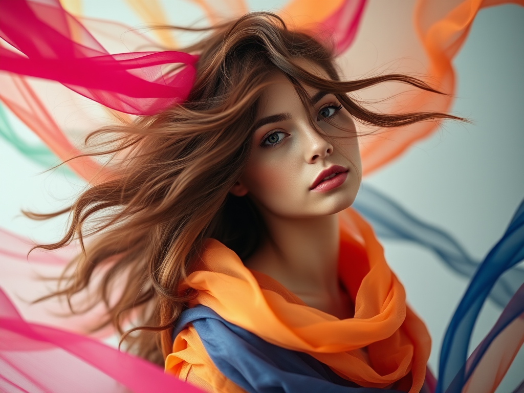 A portrait of a woman with flowing hair surrounded by colorful swirling fabrics, soft lighting, depth of field effect, taken with a Canon EOS R5, 85mm f/1.2 lens, ISO 100, aperture f/2.8, shutter speed 1/200s, in a studio setting with a dreamy, ethereal backdrop.