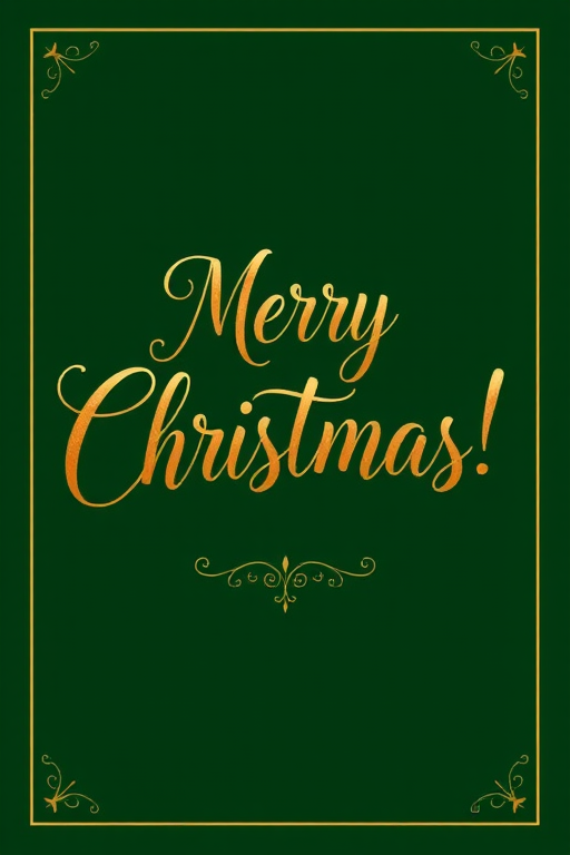 Create an elegant Christmas greeting card featuring the text "Merry Christmas!" in gold calligraphy, set against a deep green background, with a decorative border; use a DSLR camera, aperture f/2.8, ISO 100, 50mm lens, natural lighting for enhanced quality.