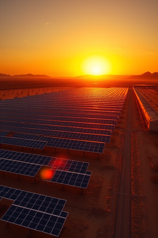 aerial view of a solar farm in the desert during sunset with rows of solar panels reflecting the sun's rays, golden hour lighting, DSLR camera, f/8 aperture, ISO 200, 24mm lens