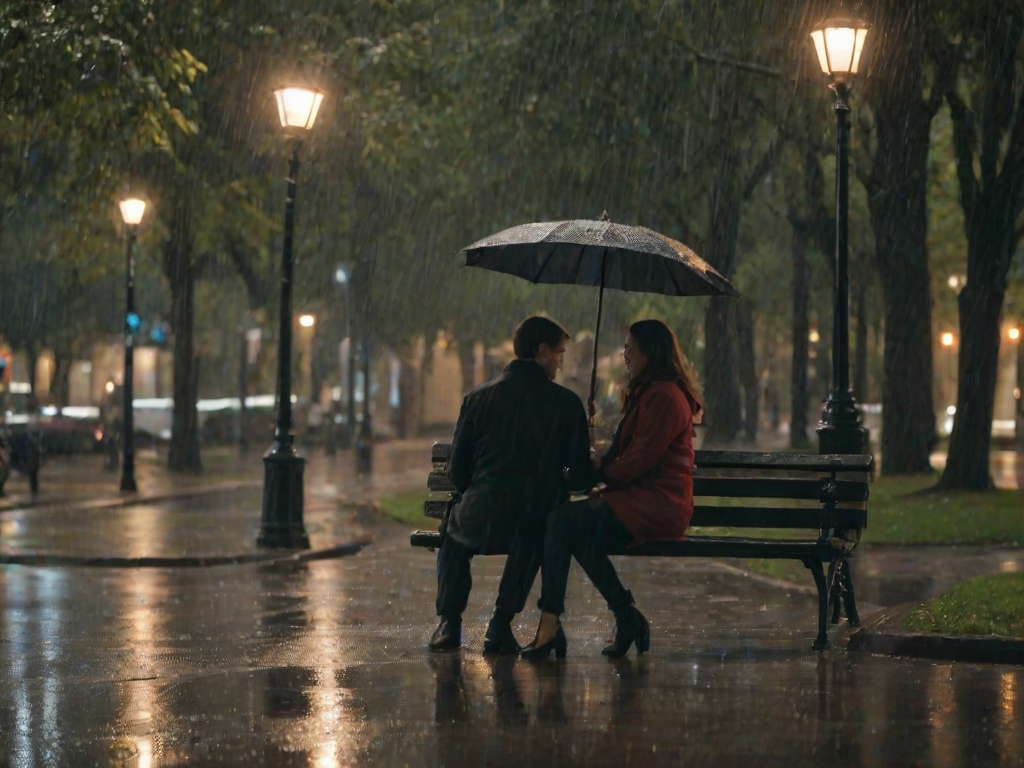 Blurry candid shot of a couple sitting on a park bench under an umbrella, soft light from nearby street lamps reflecting off the wet pavement, with raindrops softly falling around them.