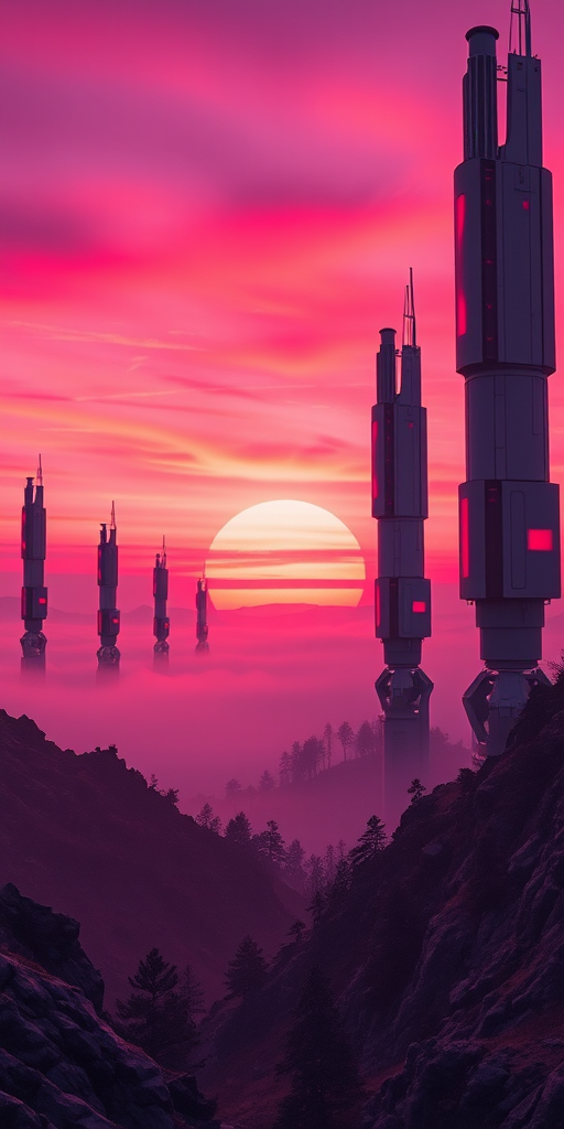 Create a vibrant sci-fi landscape featuring towering structures with red accents against a soft pink and purple sunset, include misty valleys and silhouettes of distant trees, shot with a Canon EOS R5 at f/8, ISO 100, 24mm lens, in a wide-angle view to enhance depth and clarity.