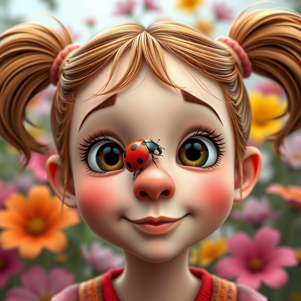 whimsical comical cartoon art Quentin Blake style, closeup portrait view of a cute girl with two ponytails in her hair, an adorable ladybug sits on her nose, funny children’s book illustration with bright colors and flowers in the background
