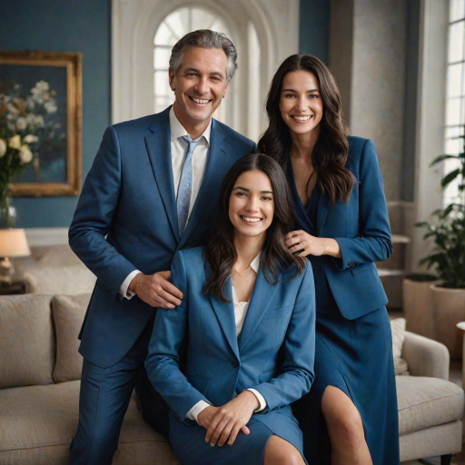 Create a heartwarming family portrait featuring two young women with long dark hair and a middle-aged man in a stylish blue suit all smiling together in an elegant indoor setting.