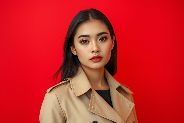 portrait of a stylish model in a beige trench coat against a vibrant red background, soft lighting with a shallow depth of field, captured with a Canon EOS R5 at f/1.8, ISO 100, 85mm lens, high-resolution image, natural makeup, focused expression