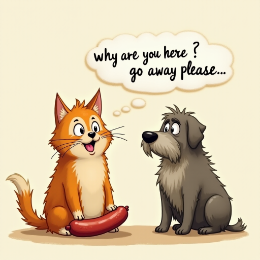 caricature of a silly whimsical fluffy cat with a mean look she has one foot on a sausage and is looking at an old scraggly big dog the cat has a thought bubble above her head that says “why are you here? go away please"