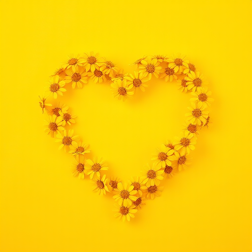 Create an image of a heart shape made of yellow flowers on a vibrant yellow background, shot with a DSLR camera at f/2.8, ISO 200, with a shallow depth of field to emphasize the flowers, in a close-up style.