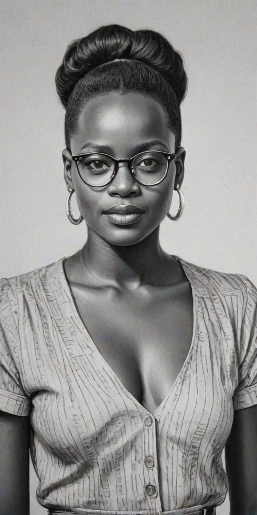 Wonderful Lupita Nyong'o, pencil sketch, portrait of Lovely woman 1942s in glasses, hair style beatnik, outline, clear lines, fine lines, 8k