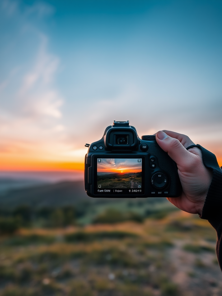 Capture a high-resolution image of a serene landscape at sunset, using a DSLR camera, with a focal length of 35mm, aperture set at f/11, shutter speed 1/125 seconds, ISO 100, in landscape orientation.