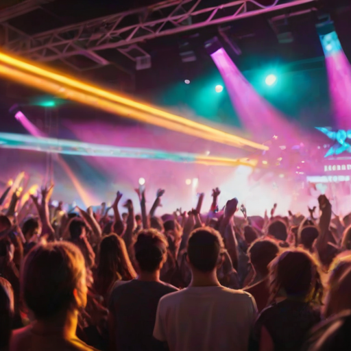 Vibrant music festival, with people dancing, colorful lights illuminating the stage, and musicians performing, capturing the energy and excitement of the event.
