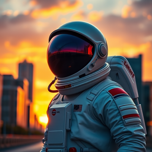 Create a high-resolution image of an astronaut in a sleek spacesuit with reflective visor, standing against a vibrant sunset in an urban setting, captured with a DSLR camera at f/2.8 aperture, ISO 100, 1/200 second shutter speed, 50mm lens, golden hour lighting, emphasizing the silhouette and colorful reflections.