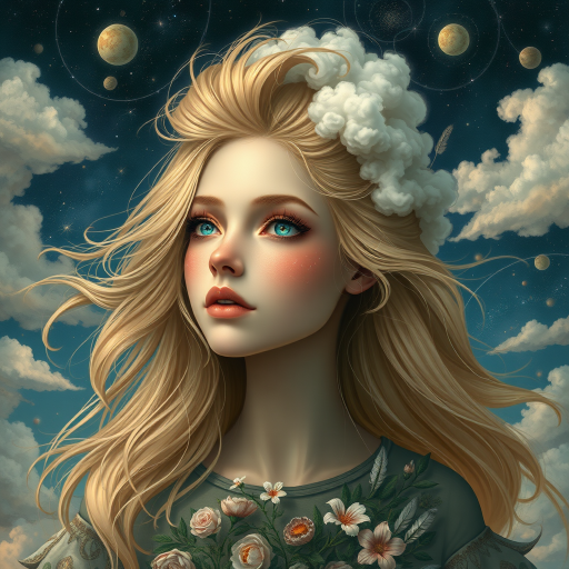 Create a series of imaginative portraits where each subject is infused with elements of fantasy and nature. The hair of the individuals should flow like clouds, varying from soft, fluffy cumulus to wispy cirrus strands, with hints of color reflecting a sunset or a clear blue sky. The eyes should be windows to entire galaxies, with stars, nebulae, and distant planets visible within them. Clothing should be adorned with nature motifs, such as floral patterns that bloom and change, vines that seem to grow and wrap around, or feathers that shimmer with iridescence. Each portrait should capture a unique personality, blending human features with the ethereal beauty of the natural and cosmic world. The backgrounds can vary, from starry night skies to enchanted forests, adding depth and context to the magical realism of the portraits