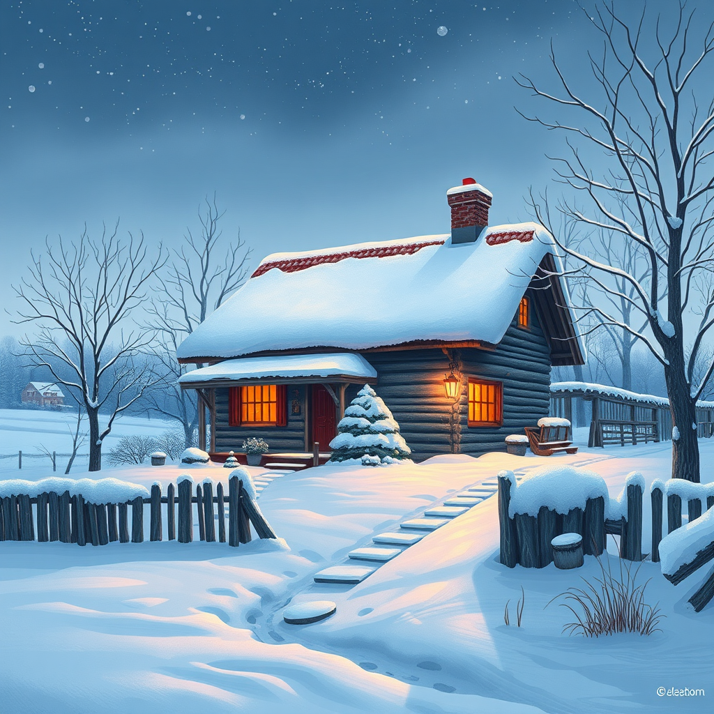 Create a highly detailed illustration of a snow-covered cottage in a winter landscape, using a Canon EOS R5 with a 24-70mm f/2.8 lens, aperture set to f/8 for maximum depth of field, shot from a slightly elevated angle to capture the surroundings, ensuring vibrant colors and sharp details.