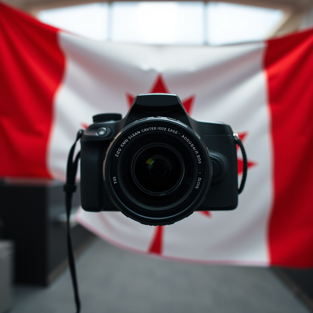 Create a high-resolution image of the Canadian flag, ensuring vibrant red and crisp white colors, using a DSLR camera with a 50mm lens, aperture set to f/8, ISO 100, and a shallow depth of field, focused on the maple leaf design, in a well-lit environment.