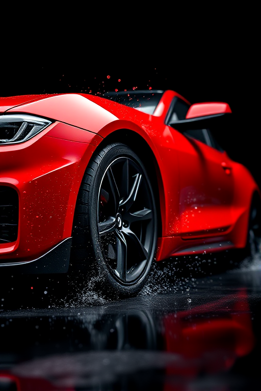 Capture a high-resolution image of a red sports car splashing paint against a black background, using a DSLR camera with a 50mm lens, aperture set at f/1.8, ISO 100, shutter speed 1/250s, in a low-angle view to emphasize the car's aggressive stance and vibrant colors.