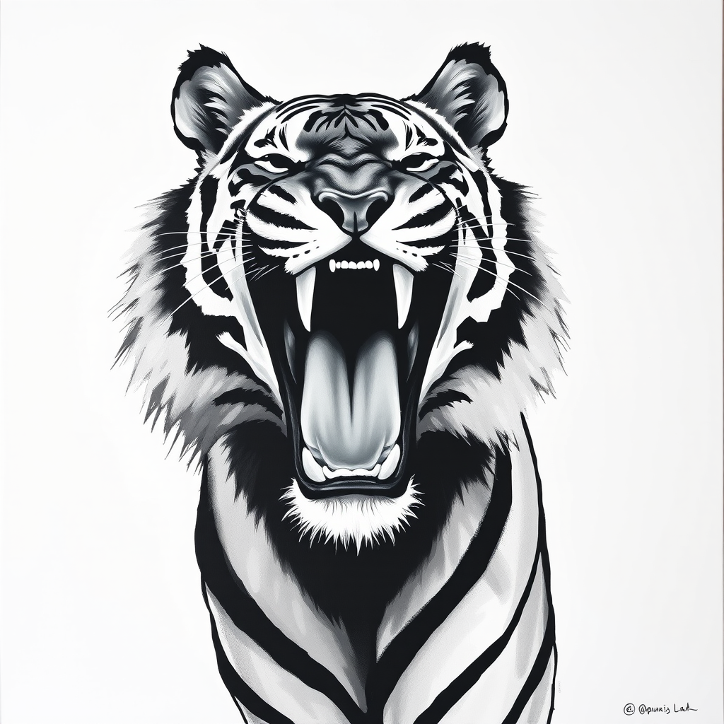 Abstract black and white acrylic portrait of an over exaggerated laughing (tiger). Minimalism style. White background.