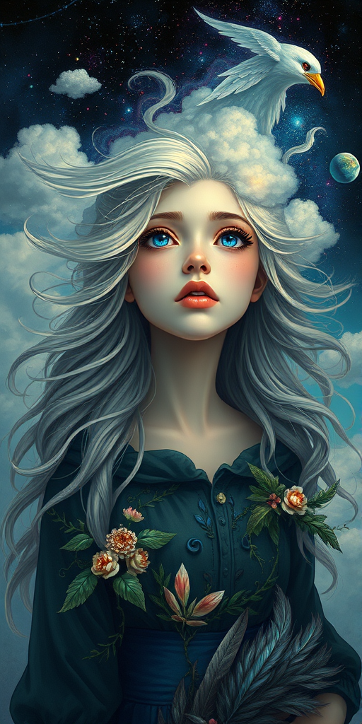 Create a series of imaginative portraits where each subject is infused with elements of fantasy and nature. The hair of the individuals should flow like clouds, varying from soft, fluffy cumulus to wispy cirrus strands, with hints of color reflecting a sunset or a clear blue sky. The eyes should be windows to entire galaxies, with stars, nebulae, and distant planets visible within them. Clothing should be adorned with nature motifs, such as floral patterns that bloom and change, vines that seem to grow and wrap around, or feathers that shimmer with iridescence. Each portrait should capture a unique personality, blending human features with the ethereal beauty of the natural and cosmic world. The backgrounds can vary, from starry night skies to enchanted forests, adding depth and context to the magical realism of the portraits