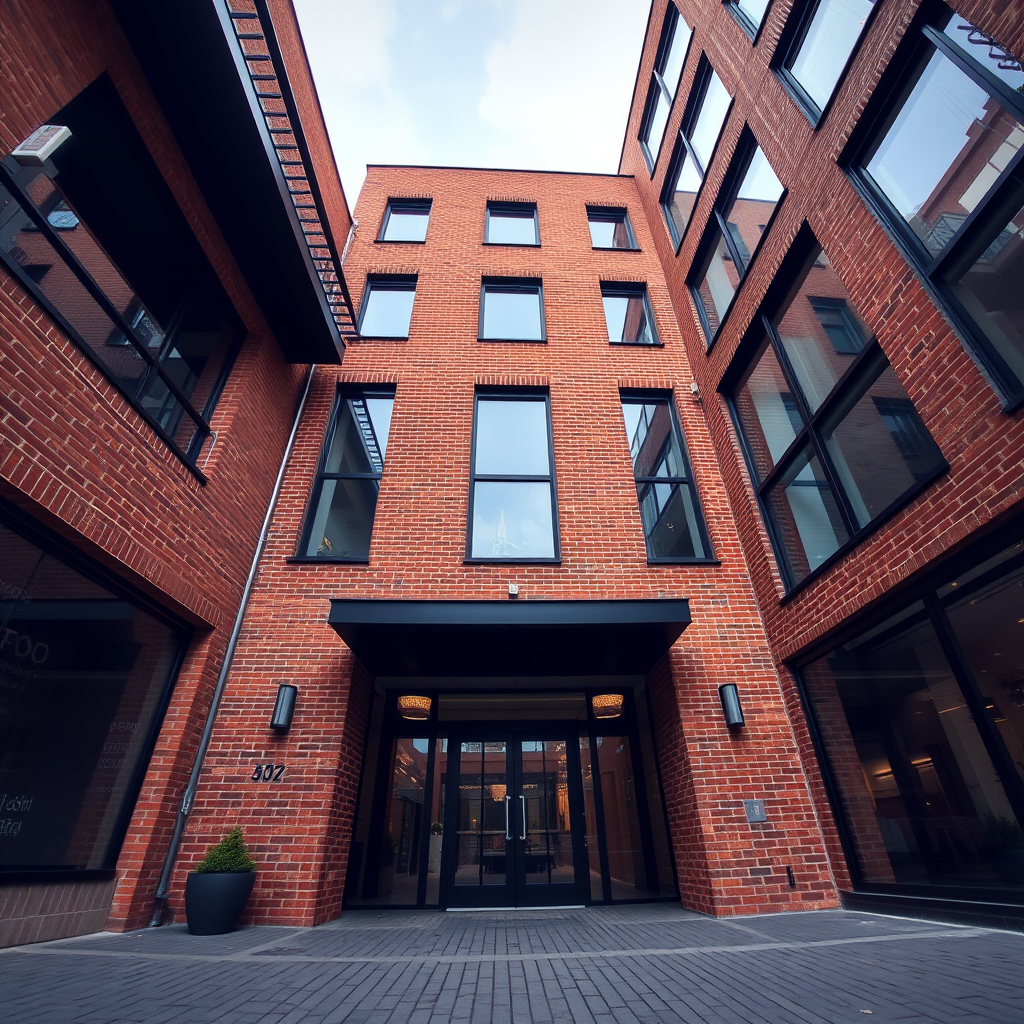 modern brick building exterior, low angle view, wide-angle lens, f/8 aperture, 1/125 sec shutter speed, ISO 200, soft natural lighting, HDR photography, high-resolution digital image
