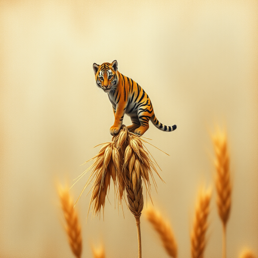Soft, muted Alcohol Ink with ebru effect background image of tiny whimsical tiger, who climbed high on the top of a golden rye ear.