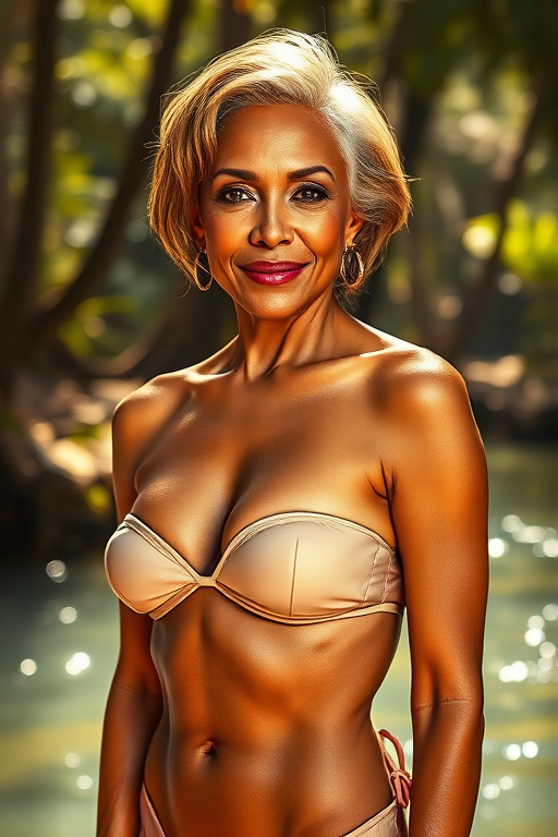 A photo of an old, beautiful Angela Bassett with light tanned skin, a small nose, and soft pink lips. She has perfect symmetric eyes and wears a strapless transparent bikini. She has a big female bosom with push-up. The model is standing under the warm sunlight, showcasing her toned figure and delicate curves. The background is a rain forest with sparkling water and trees. The overall ambiance is a perfect blend of luxury, glamour, and beachside leisure.