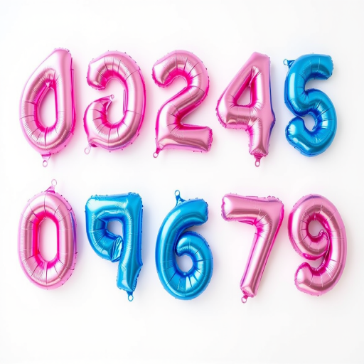 Create an image of shiny pink and blue foil number balloons arranged in two rows, numbers 0 to 9, with a bright white background, captured with a DSLR camera at f/2.8 aperture, ISO 100, 50mm lens, natural light, and a sharp focus on the balloons to enhance image quality.