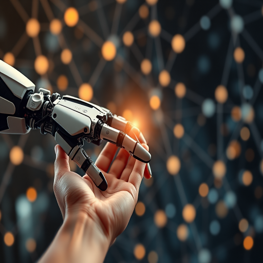 Create a high-resolution image of a robotic hand reaching towards a human hand, with a futuristic background of interconnected nodes and particles, using a Canon EOS R5, 85mm lens, aperture f/1.8, ISO 100, and a soft focus to enhance depth of field.