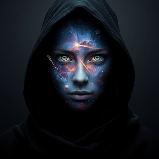 A mysterious hooded figure stands silently, the dark cloak flowing around them like shadows. Beneath the hood, their face is a mesmerizing cosmic scene where swirling galaxies, radiant stars, and vibrant planets form the features. Nebulas drift where eyes should be, glowing softly, while delicate streaks of cosmic energy trace the outlines of a nose and lips. Comets streak across the vastness of their face, and faint constellations pulse with life. The entire visage shifts and evolves as if the universe itself is contained within the figure, giving an ethereal, otherworldly presence to their form.
