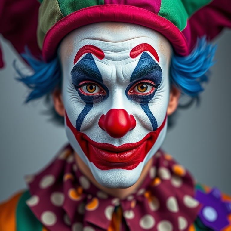 Create a high-resolution portrait of a clown with colorful makeup and a vibrant costume, using a Canon EOS R5 with a 50mm f/1.2 lens, ISO 100, aperture f/2.8, and a softbox for even lighting, shot from eye level in a studio setting to enhance detail and expression.