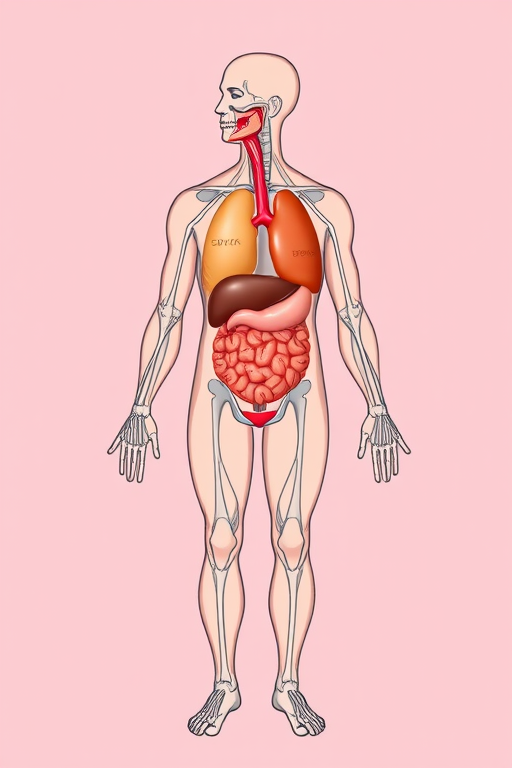 Create a detailed illustration of the human anatomy highlighting major organs, with a clean, minimalist style on a soft pink background, using a Canon EOS R5 camera with a 50mm lens, f/2.8 aperture, ISO 100, and a high-resolution macro setting for clarity.
