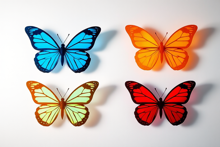 Create an image of four stylized butterfly silhouettes in contrasting colors arranged in a grid, shot with a Canon EOS R5, using a 50mm lens, aperture set to f/2.8, ISO 100, in a well-lit studio setting for enhanced clarity and vibrancy.