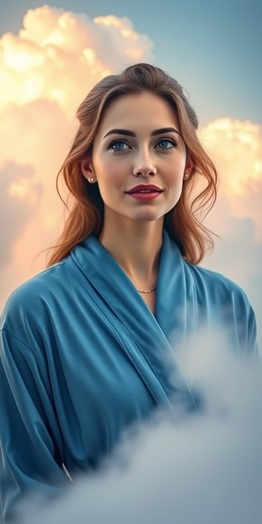 Create a serene portrait of a woman in a blue robe, surrounded by ethereal clouds with a soft glow, captured in high resolution using a full-frame DSLR camera, with a 50mm lens at f/1.8, ISO 200, and a shallow depth of field to enhance the focus on the subject.