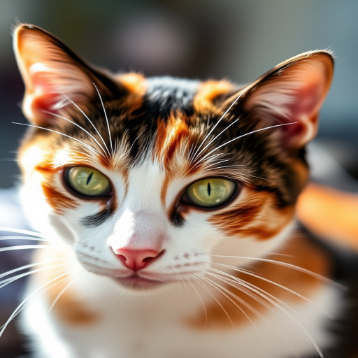 a close-up portrait of a calico cat with piercing green eyes, focused on its face, natural light, 50mm lens, f/1.8 aperture, ISO 200, shallow depth of field, DSLR camera, vibrant colors with a blurred background.