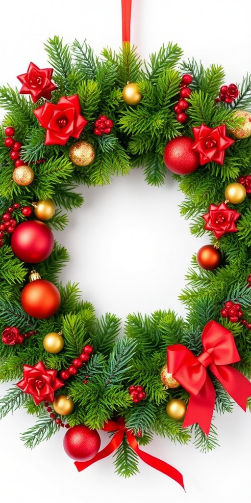 Create a festive holiday wreath with a variety of evergreen branches. Include red and gold ornaments, ribbons, and a central empty space for a message or photo. Ensure the composition is vibrant and conveys a warm, joyful atmosphere.