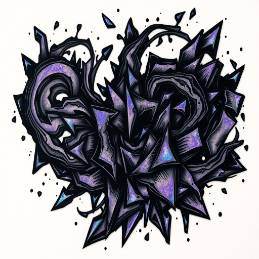 Dramatic "Volcanic Glass" tattoo design showcasing swirling patterns and sharp, fragmented shapes reminiscent of obsidian, rendered in deep black ink with hints of iridescent purples and blues that shift and shimmer in the light, creating a mesmerizing effect that captures the raw beauty and power of natural volcanic formations