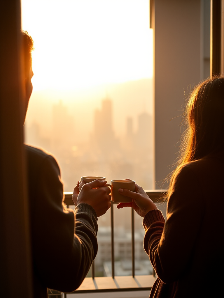 Warmly lit, intimate photo of a couple sharing a cup of coffee on a balcony at sunrise, soft golden light streaming over the cityscape below, with distant skyscrapers barely visible through the morning mist.