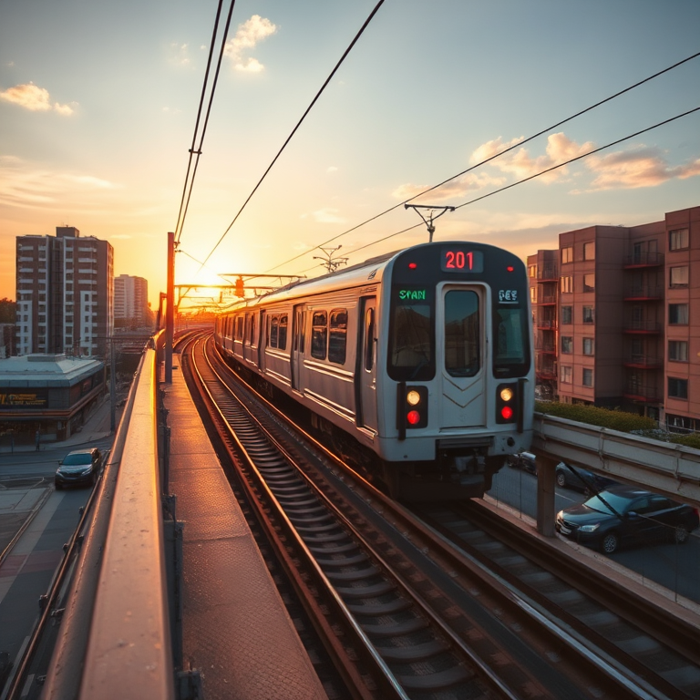 capture a train passing on an elevated track during sunset with golden hour lighting, using a DSLR camera, aperture f/8, ISO 200, shutter speed 1/250s, wide-angle lens, low angle view, high dynamic range style, ensuring vivid colors and sharp details in both the train and the urban backdrop