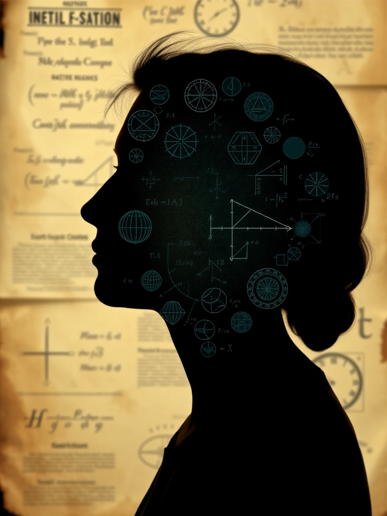 Create a high-resolution digital image of a human silhouette overlaid with mathematical formulas and diagrams, using a soft focus effect, shot with a Canon EOS R5 at f/4.0, ISO 100, 50mm lens, in natural light with a vintage paper texture background.
