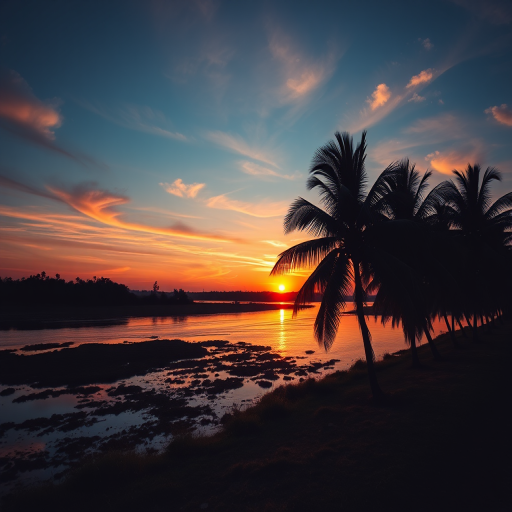 capture a stunning sunset over a serene river landscape with palm trees silhouetted against the sky, using a 35mm lens, f/8 aperture, ISO 100, slow shutter speed of 1/30s, shot in landscape orientation with a DSLR camera for enhanced detail and vibrant colors