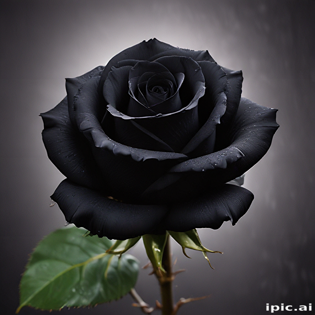 Elegant Black Rose with Dew Drops Against a Dark Background