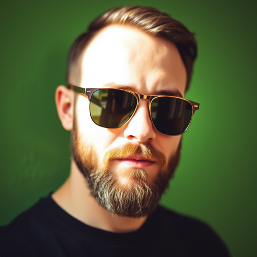 portrait of a man with a beard wearing stylish sunglasses against a vibrant green wall, shallow depth of field, soft natural lighting, 85mm lens, aperture f/1.8, ISO 100, DSLR camera, focus on the face